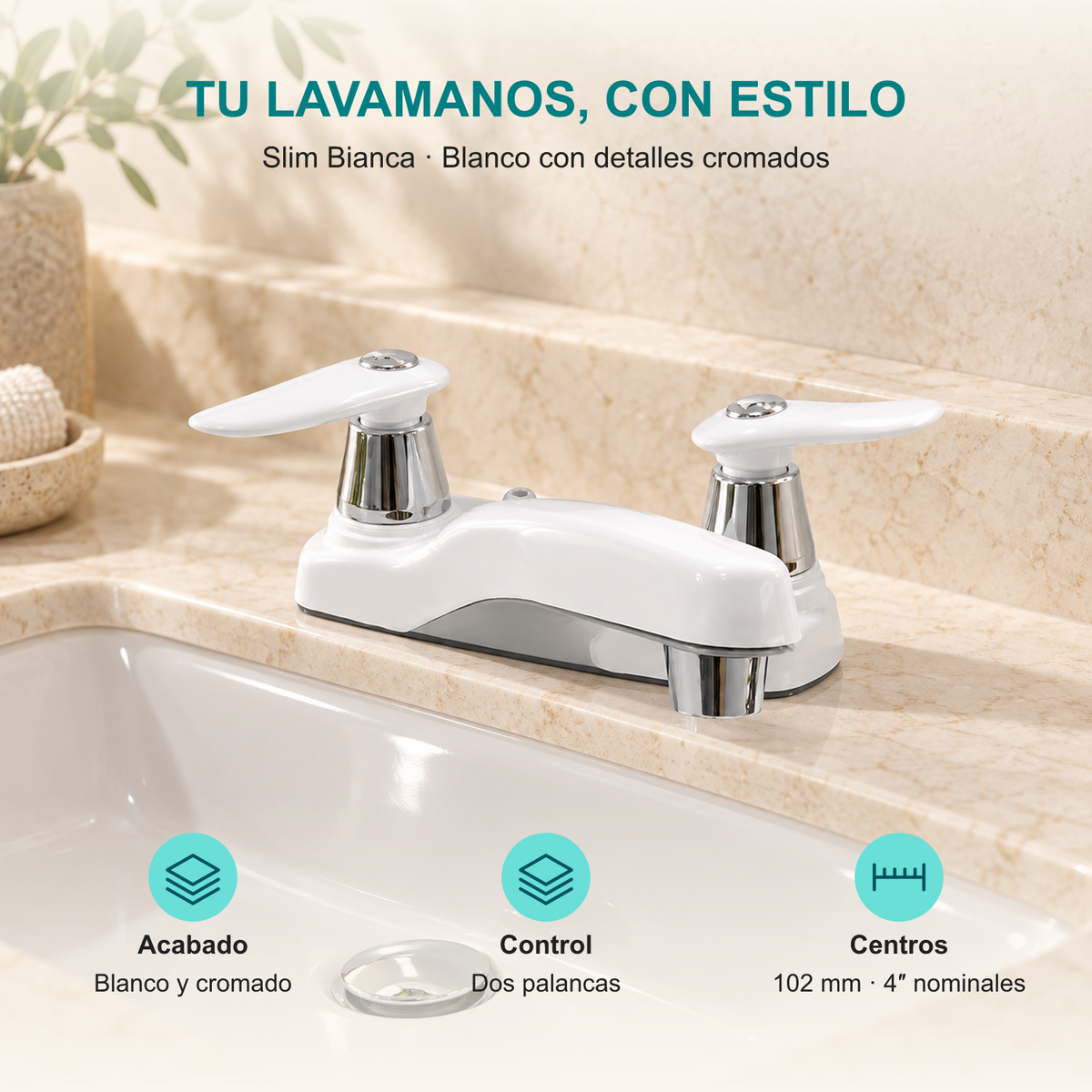 Mezclador de lavamanos Slim Bianca: Acabado: Blanco y cromado; Control: Dos palancas; Centros: 102 mm · 4″ nominales.