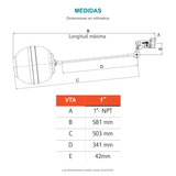Croquis original de conjunto de válvula para tanque alto hembra de 1 pulgada, con sus cotas originales sin repasar trazos.