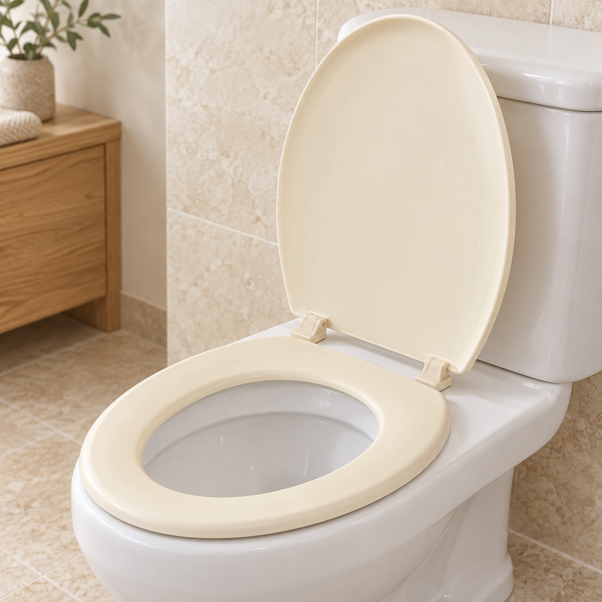 Asiento sanitario redondo Cierre lento. Detalle instalado del producto y sus fijaciones.