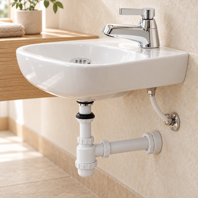 Combo de llave para lavamanos Fizzia. Detalle instalado del producto y sus fijaciones.