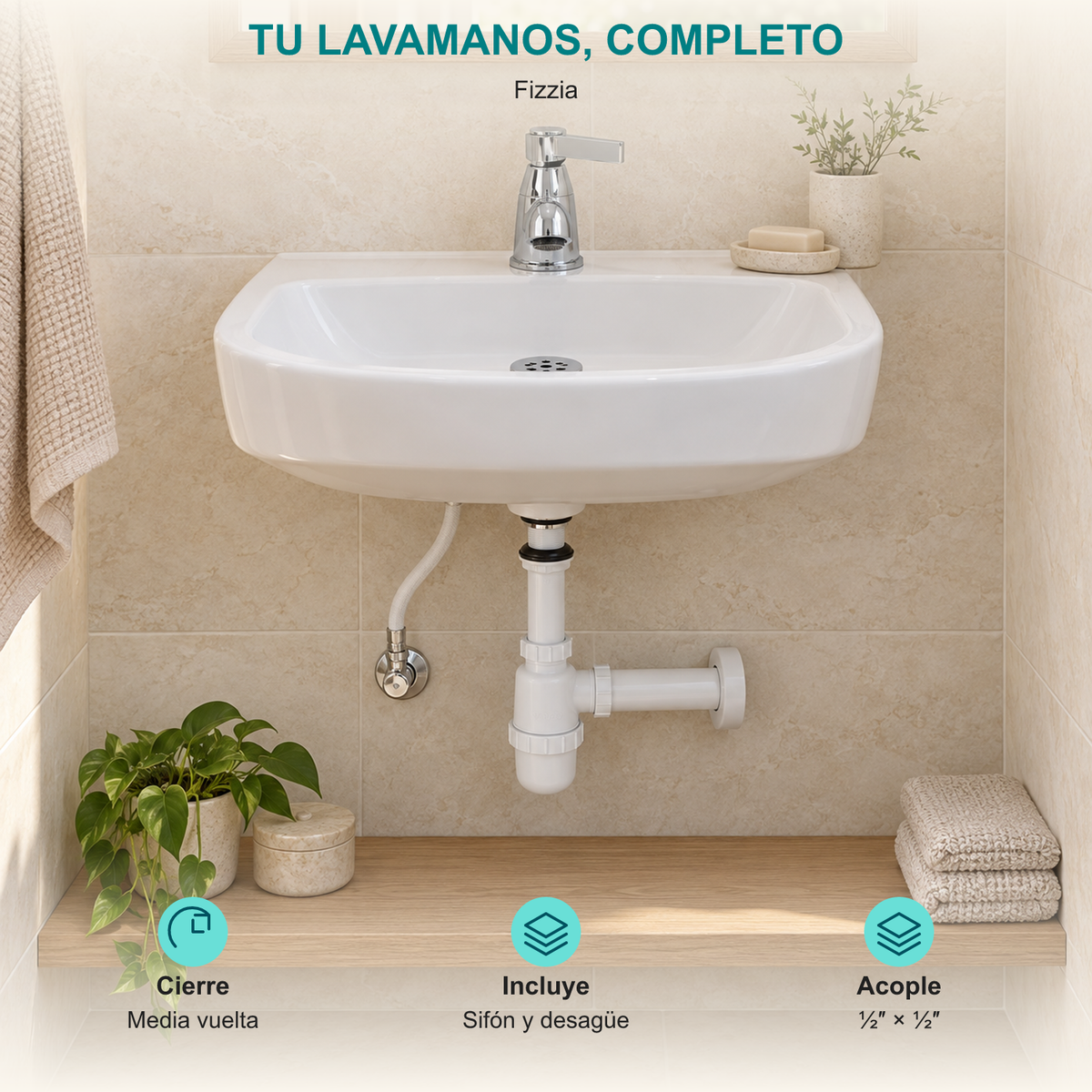 Combo de llave para lavamanos Fizzia: Cierre: Media vuelta; Incluye: Sifón y desagüe; Acople: ½″ × ½″.