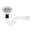 Conjunto de sifón en P con canastilla de aluminio de 110,4 mm sobre fondo blanco. Sifón blanco, tubo negro y canastilla de aluminio con filtro gris.