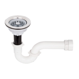 Conjunto de sifón en P con canastilla de aluminio de 110,4 mm sobre fondo blanco. Sifón blanco, tubo negro y canastilla de aluminio con filtro gris.