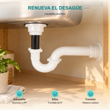 Conjunto de sifón en P con canastilla de aluminio de 110,4 mm: Canastilla: Aluminio y PP; Sifón: Formato en P; Función: Retiene sólidos.