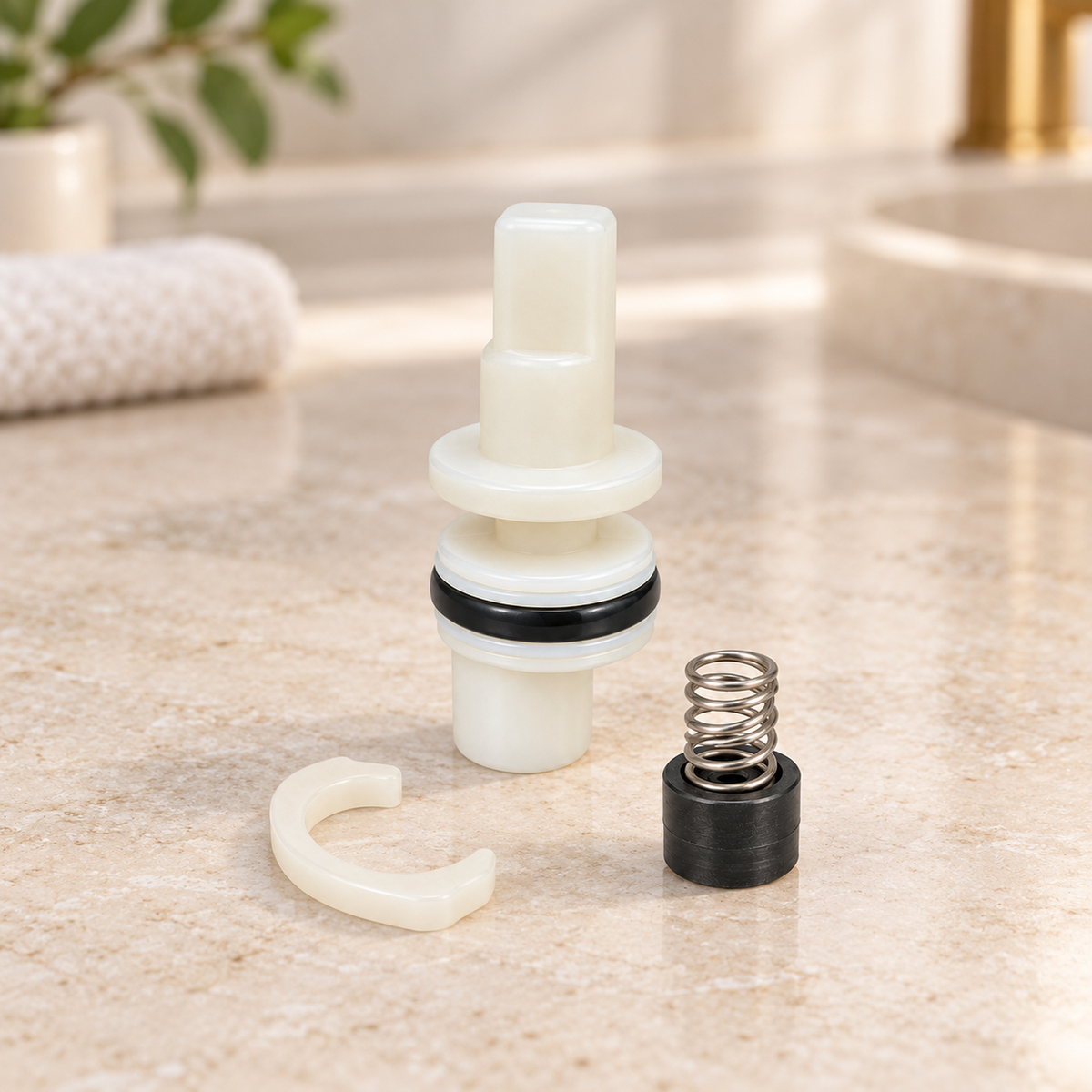 Kit de vástago Fizzia suelto sobre piedra cálida antes de instalar; accesorios del ambiente no incluidos.
