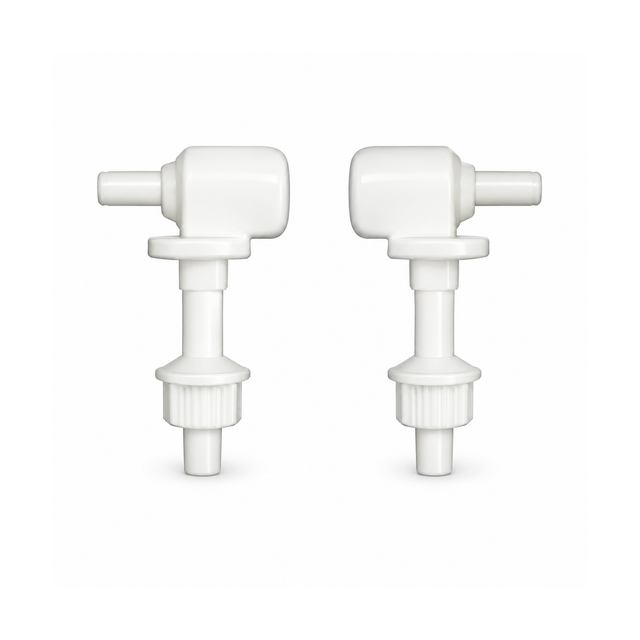 Kit de herrajes para asiento sanitario de cierre lento blanco sobre fondo blanco, producto completo.