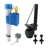 Conjunto de grifería para sanitario Hidrostático sobre fondo blanco. Válvula de entrada blanca y azul, salida negra y botón cromado.