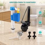 Conjunto de grifería para sanitario Hidrostático: Acción: Botón push; Llenado: Regulable; Fijación: Dos pernos.