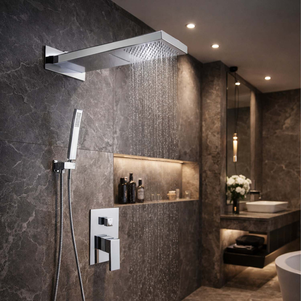 Kit Regadera Ducha Rectangular Empotrada Monomando con Ducha de Mano Negro o Gris