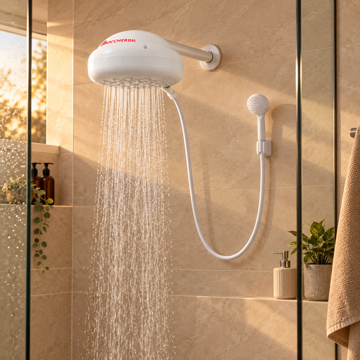 Ducha Premium Zent blanca 220 V instalada con miniducha en baño