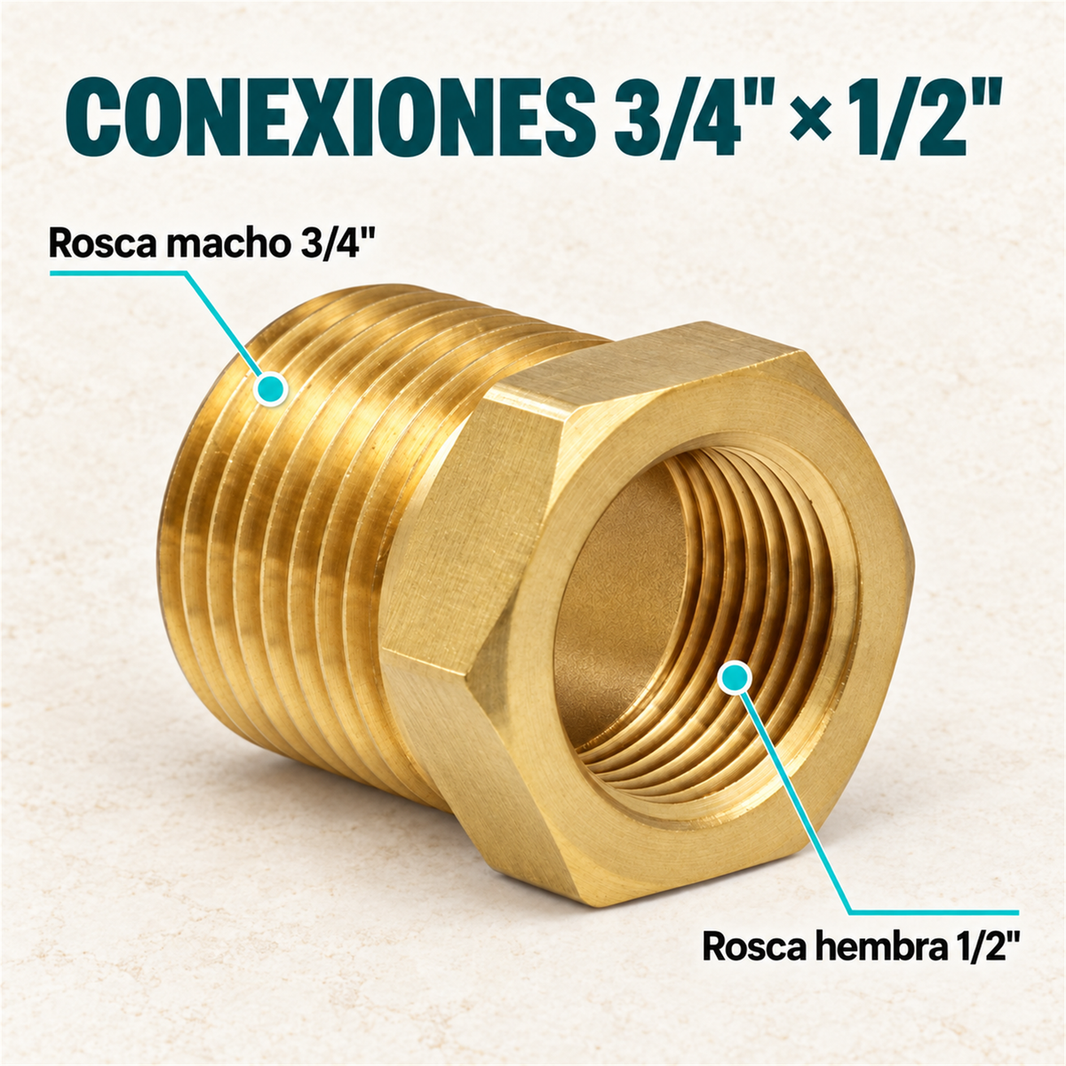 Buje Reductor de Latón Macho 3/4" a Hembra 1/2" - Conexiones nominales