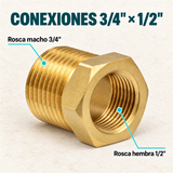 Buje Reductor de Latón Macho 3/4" a Hembra 1/2" - Conexiones nominales