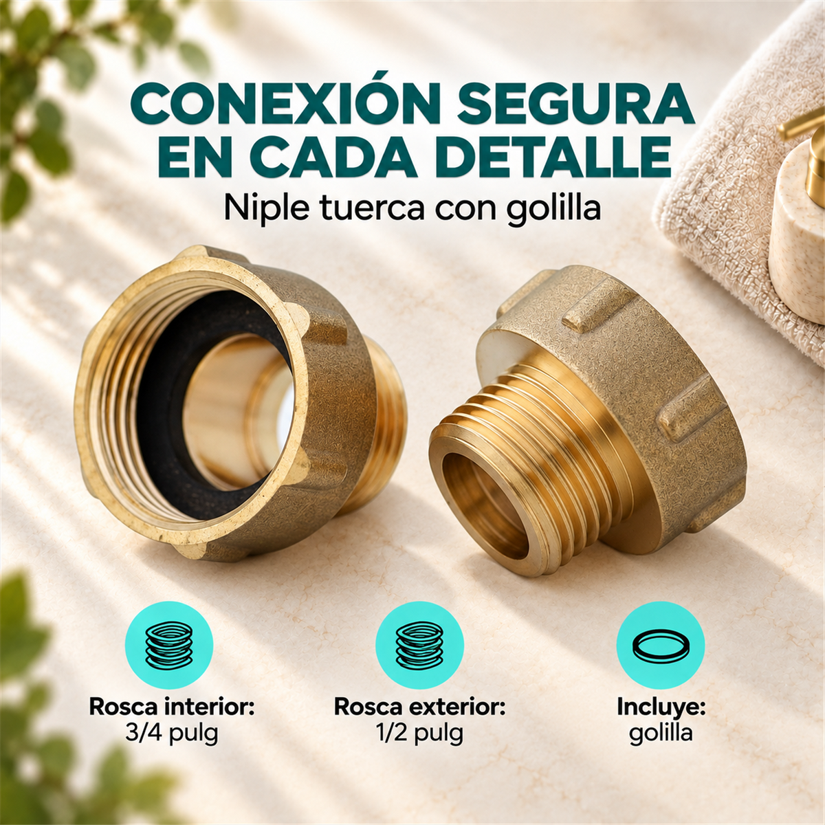 Niple Tuerca HI-HE 3/4 x 1/2 pulg con Golilla, características principales
