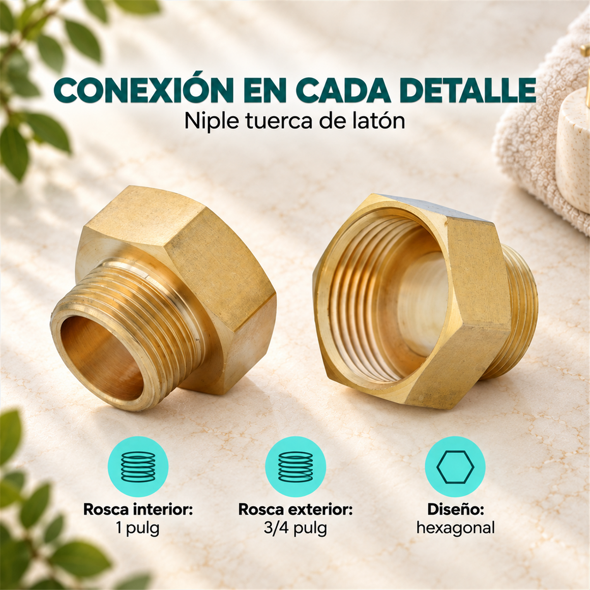 Niple Tuerca de Latón HI-HE 1 x 3/4 pulg, características principales