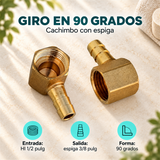 Cachimbo 90° de Latón HI 1/2 x Espiga 3/8 pulg, características principales