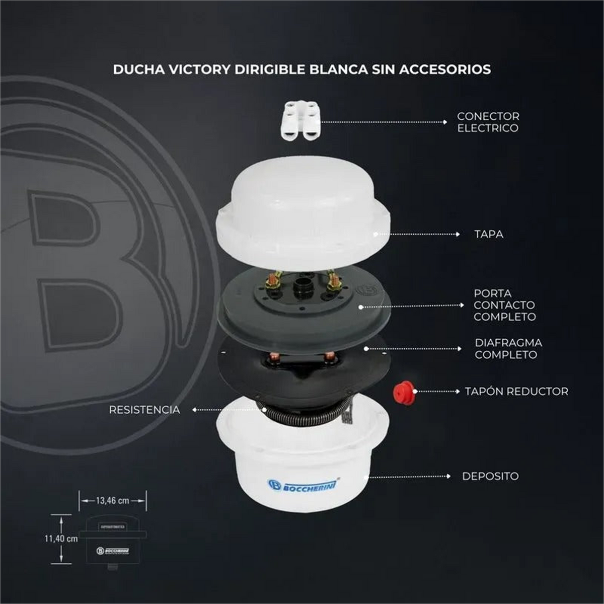 Ducha eléctrica Victory Dirigible, componentes y medidas