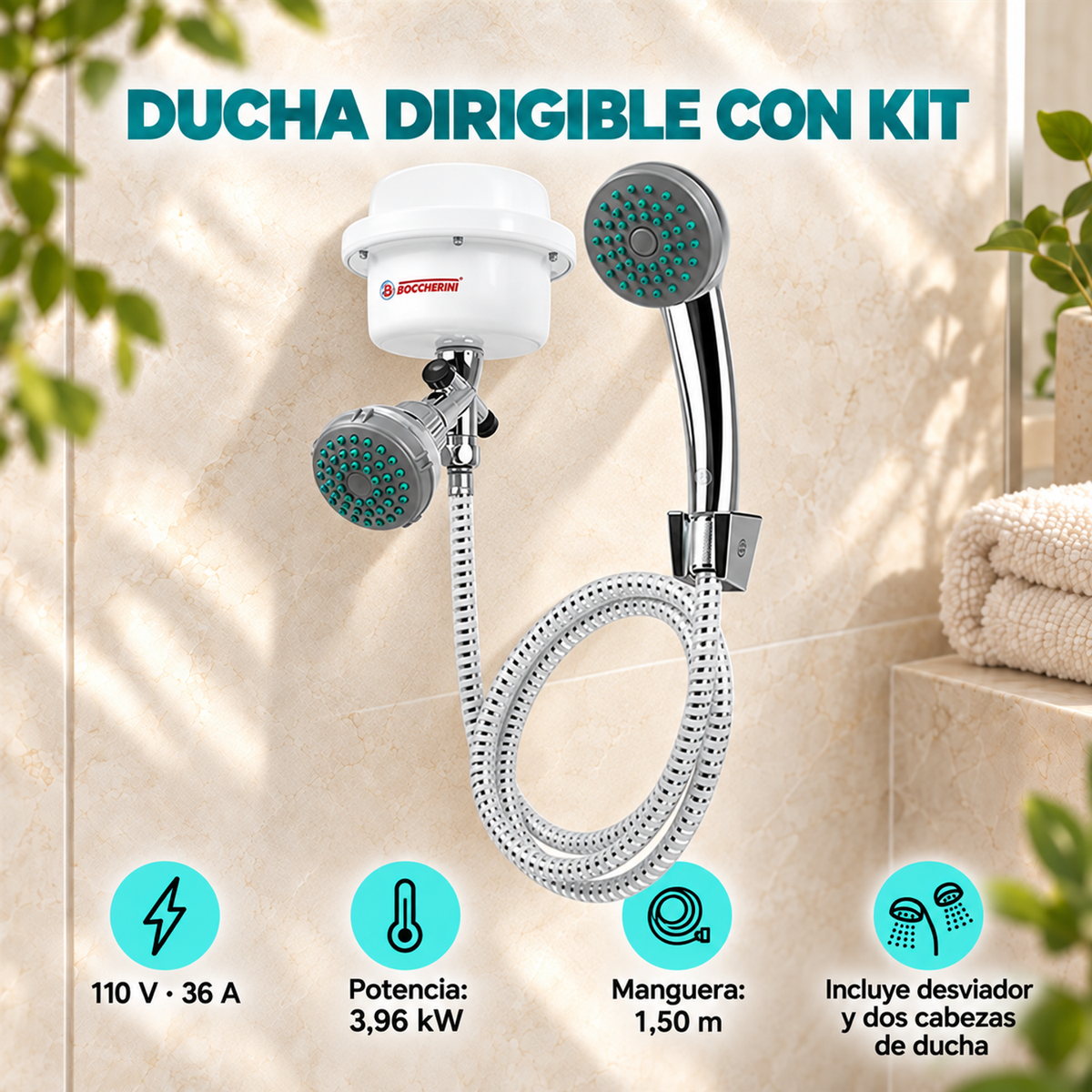 Ducha eléctrica dirigible blanca 110 V con kit, desviador, dos cabezas de ducha y manguera de 1,50 m.