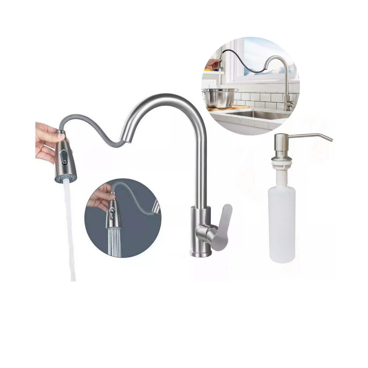 Kit Griferia Lavaplatos Extraible Acero -dispensador Jabón