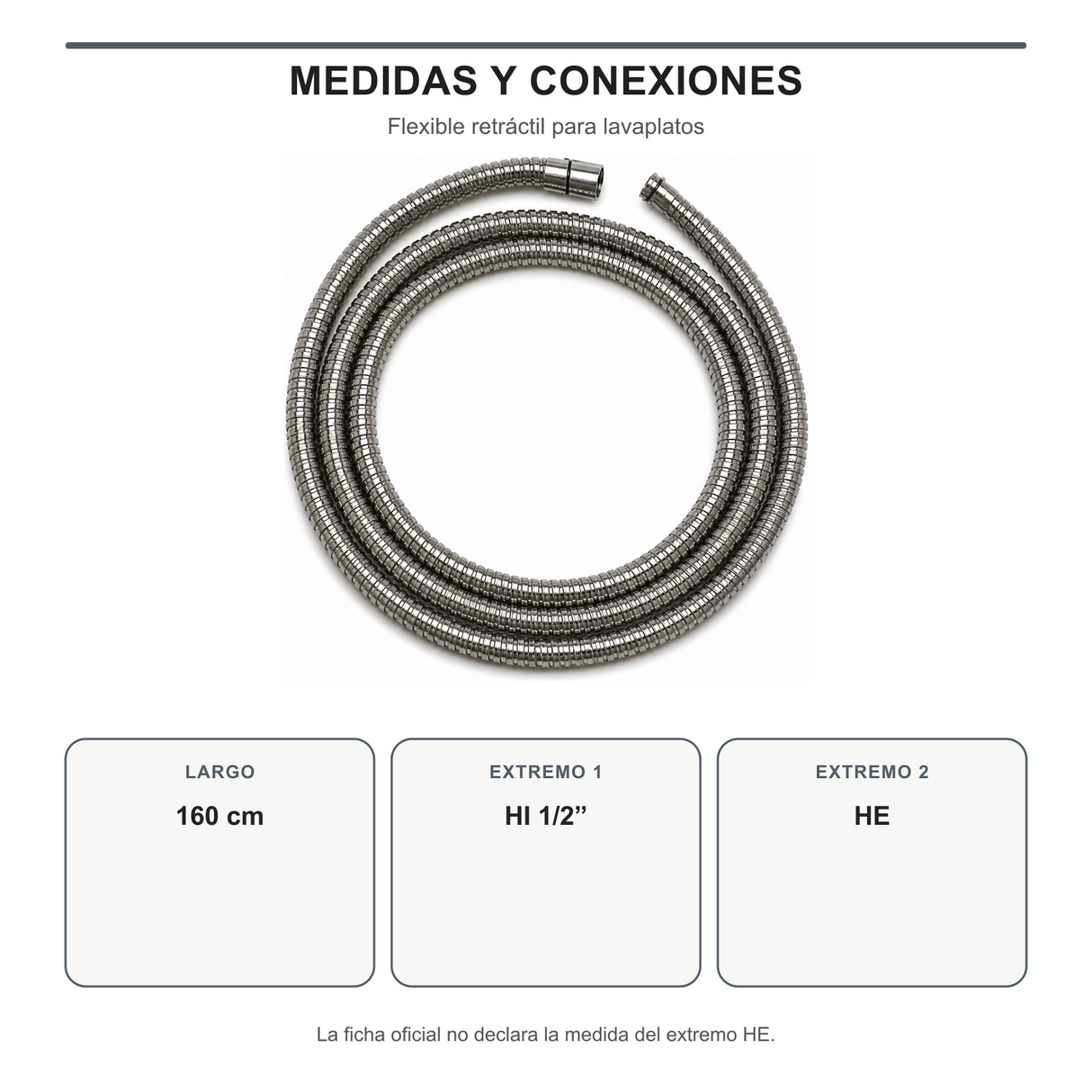 Medida y conexiones de la manguera retráctil de 160 cm con extremo HI de 1/2 y extremo HE