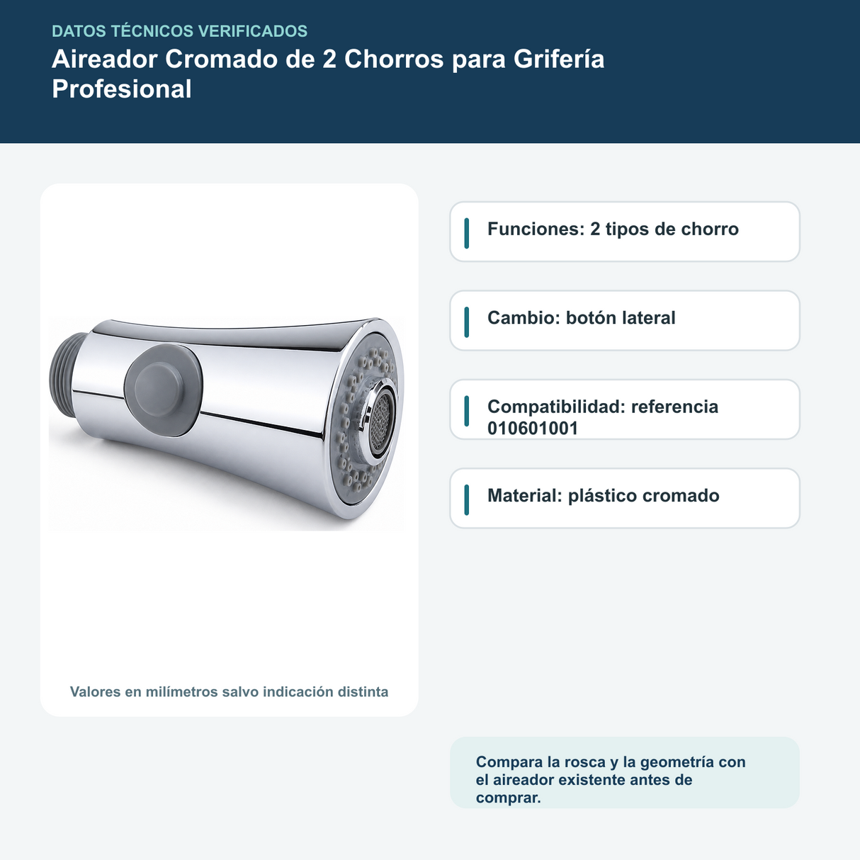 Diagrama o datos verificados del aireador cromado de 2 chorros para grifería profesional
