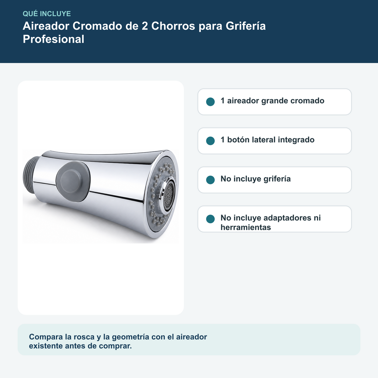 Contenido y características del aireador cromado de 2 chorros para grifería profesional