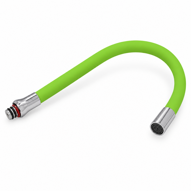 Cuello flexible verde para monomando de lavaplatos sobre fondo blanco
