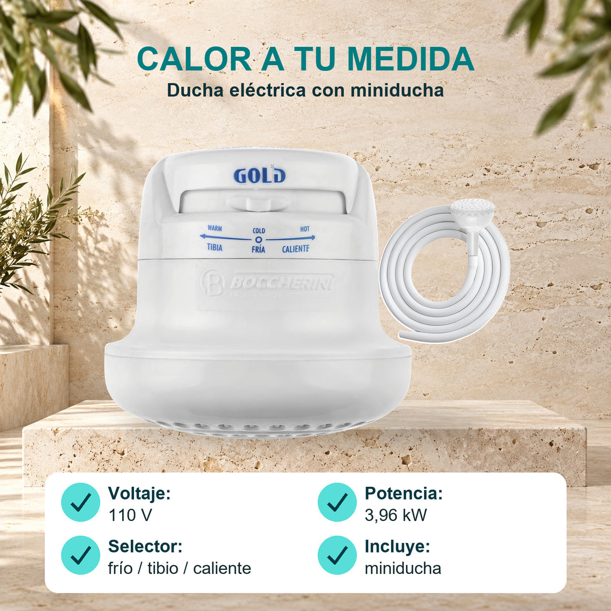 Ducha Eléctrica Gold Blanca con Miniducha 110 V · características