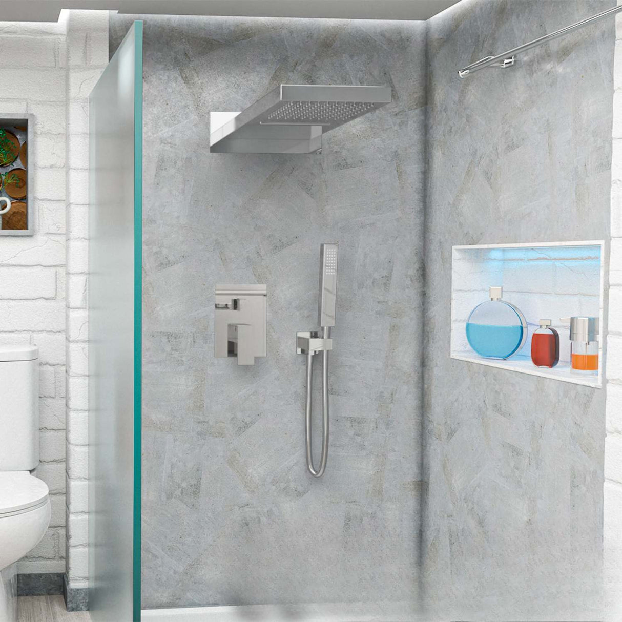 Kit Regadera Ducha Rectangular Empotrada Monomando con Ducha de Mano Negro o Gris