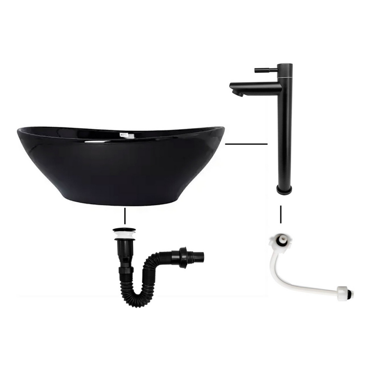 Combo Lavamanos Canoa Negro + Griferia Agua Fria+ Push Negro Negro Brillante