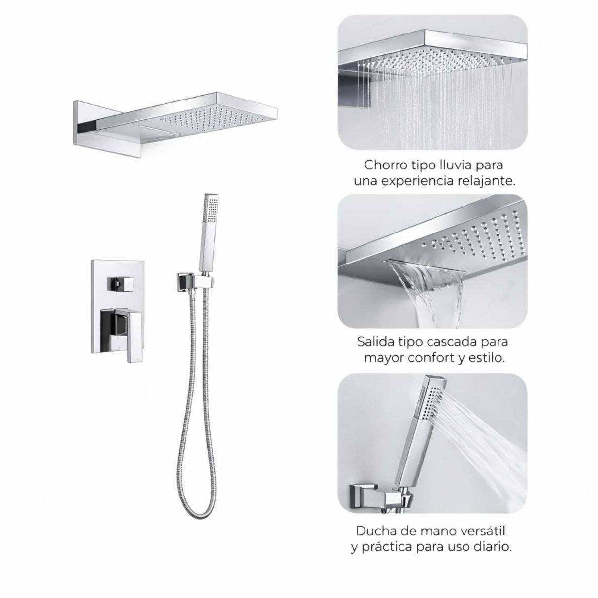 Kit Regadera Ducha Rectangular Empotrada Monomando con Ducha de Mano Negro o Gris