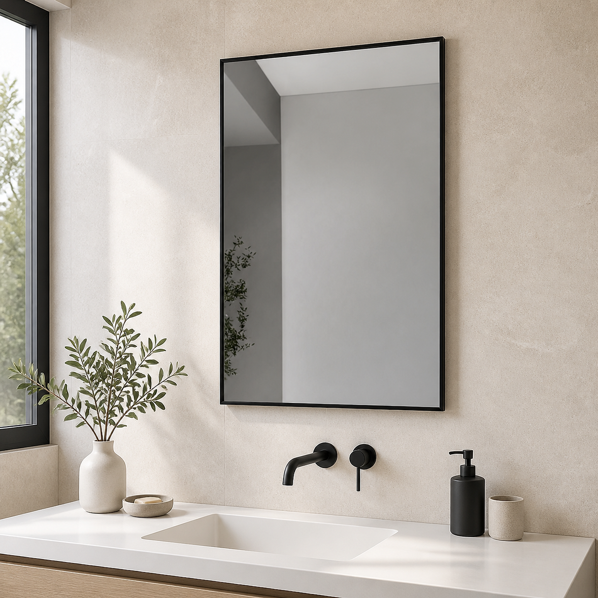 Espejo rectangular con marco metálico negro instalado en un baño moderno