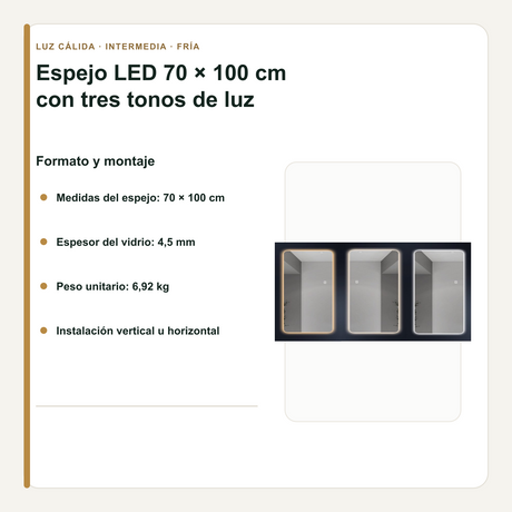 Espejo LED 70 x 100 cm con Tres Tonos de Luz