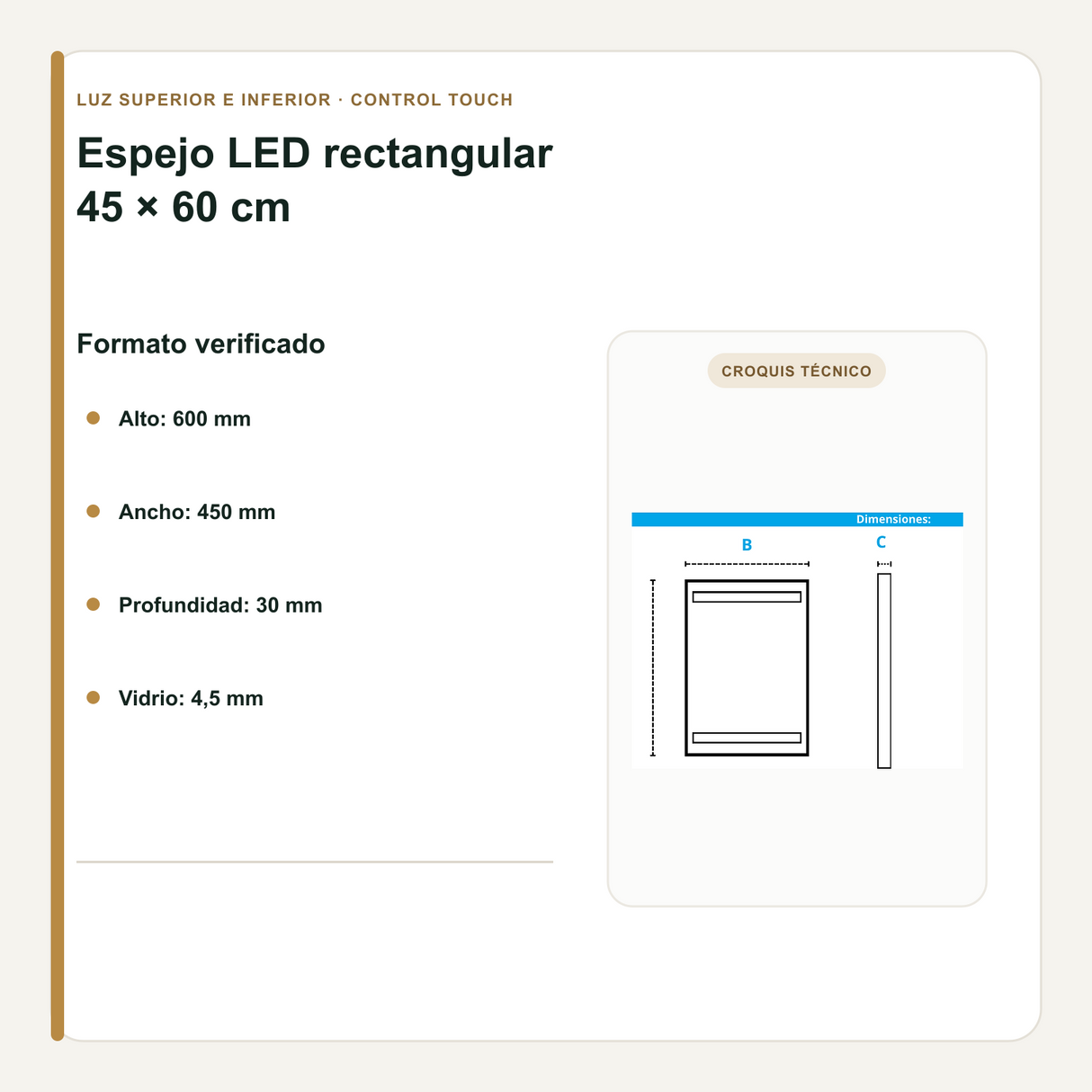 Medidas, profundidad y espesor del espejo LED rectangular