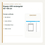 Medidas, profundidad y espesor del espejo LED rectangular