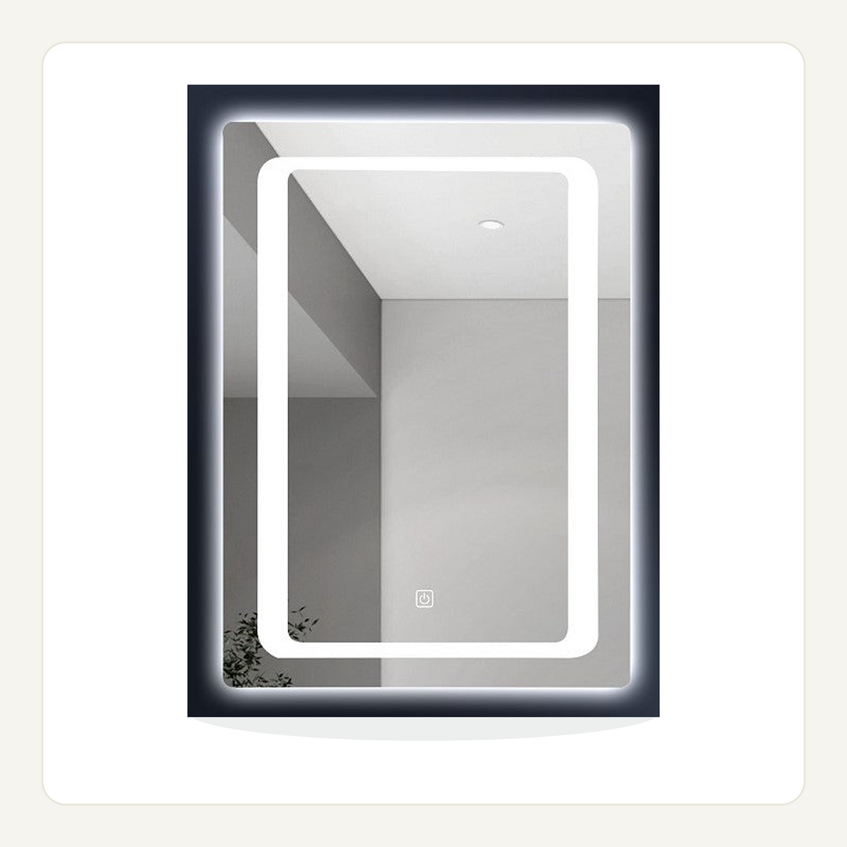 Vista frontal del espejo LED rectangular con luz de contorno