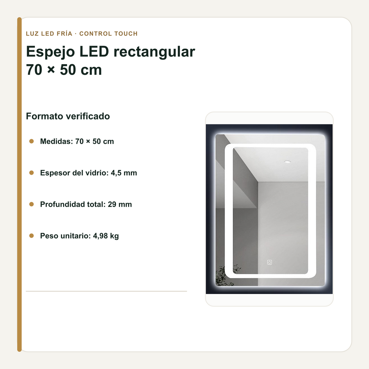 Medidas, profundidad y peso del espejo LED de 70 x 50 cm