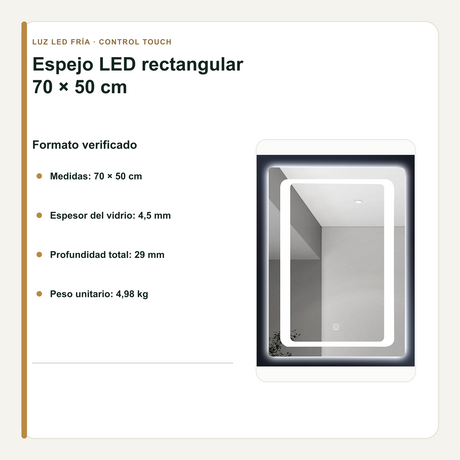 Espejo LED Rectangular 70 x 50 cm Esquinas Redondeadas con Luz de Contorno