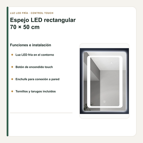 Espejo LED Rectangular 70 x 50 cm Esquinas Redondeadas con Luz de Contorno