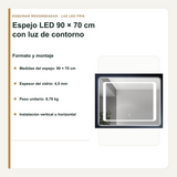 Medidas, espesor y orientación del espejo LED de 90 x 70 cm