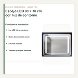 Funciones e instalación incluidas con el espejo LED de 90 x 70 cm