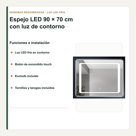 Espejo LED 90 x 70 cm con Luz de Contorno