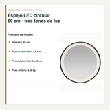 Diámetro, profundidad y peso del espejo LED circular