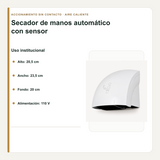 Medidas y alimentación de 110 V del secador de manos