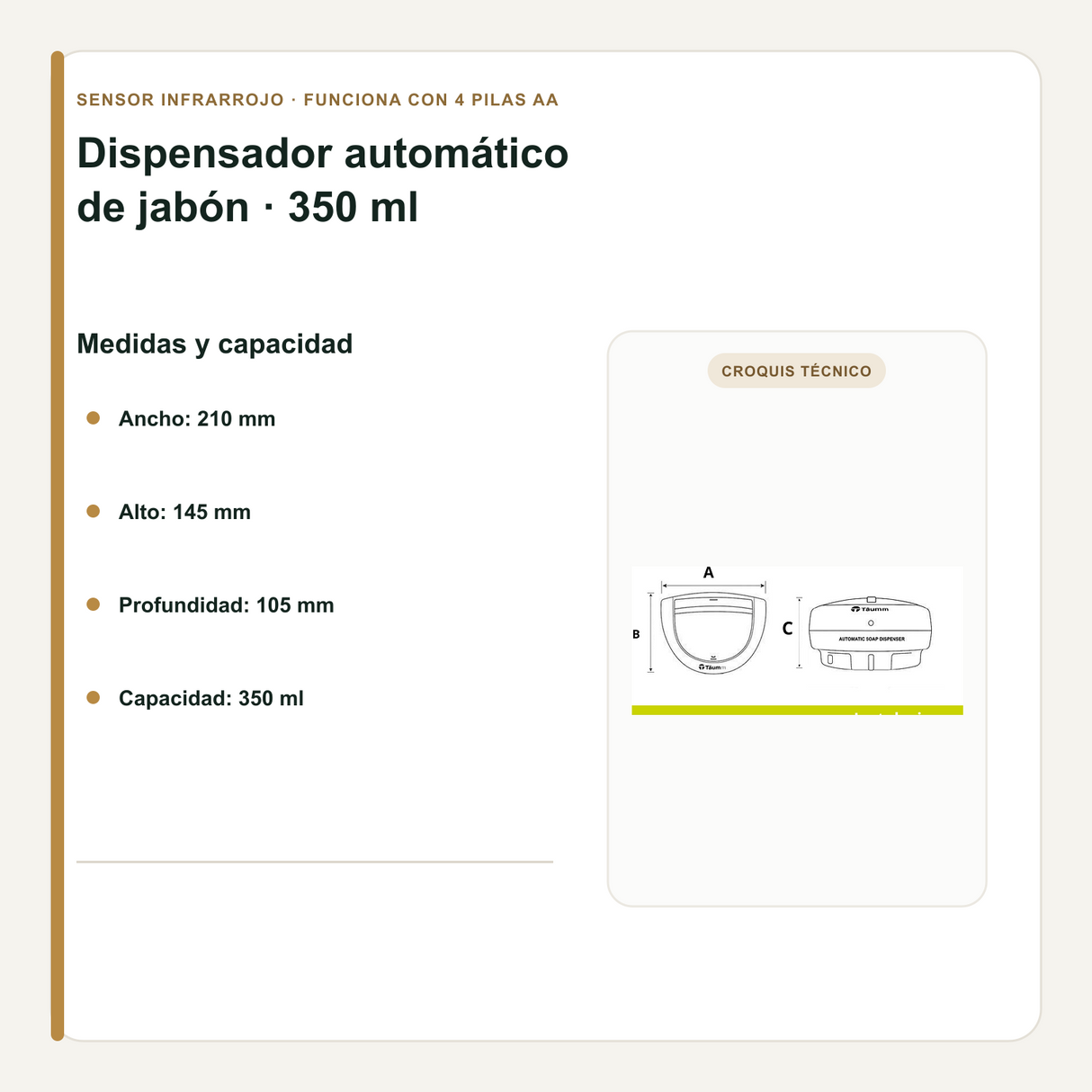 Medidas, capacidad y distancia de detección del dispensador