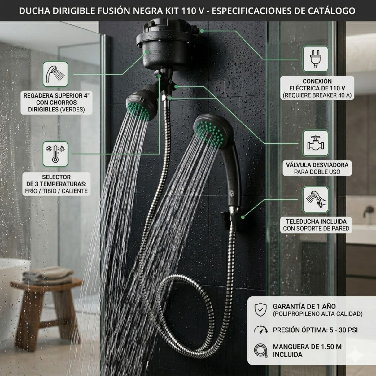 Ducha Eléctrica Dirigible Fusion Negra 110V | Diseño Moderno con Control de Temperatura