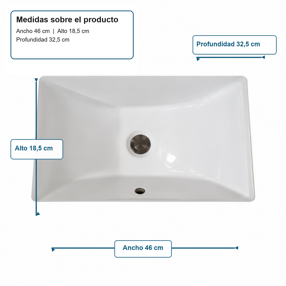 Lavamanos Submontar Rectangular Blanco 46 x 32,5 x 18,5 cm - medidas sobre el producto