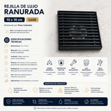 Rejilla de Piso Ranurada de Lujo 10x10 cm Negra Mate en Acero Inoxidable con Sistema Antiolores