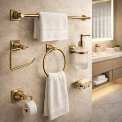 Juego de Accesorios de Baño Xcaret 6 Piezas Oro Cepillado | Set Completo para Baño Moderno y Elegante