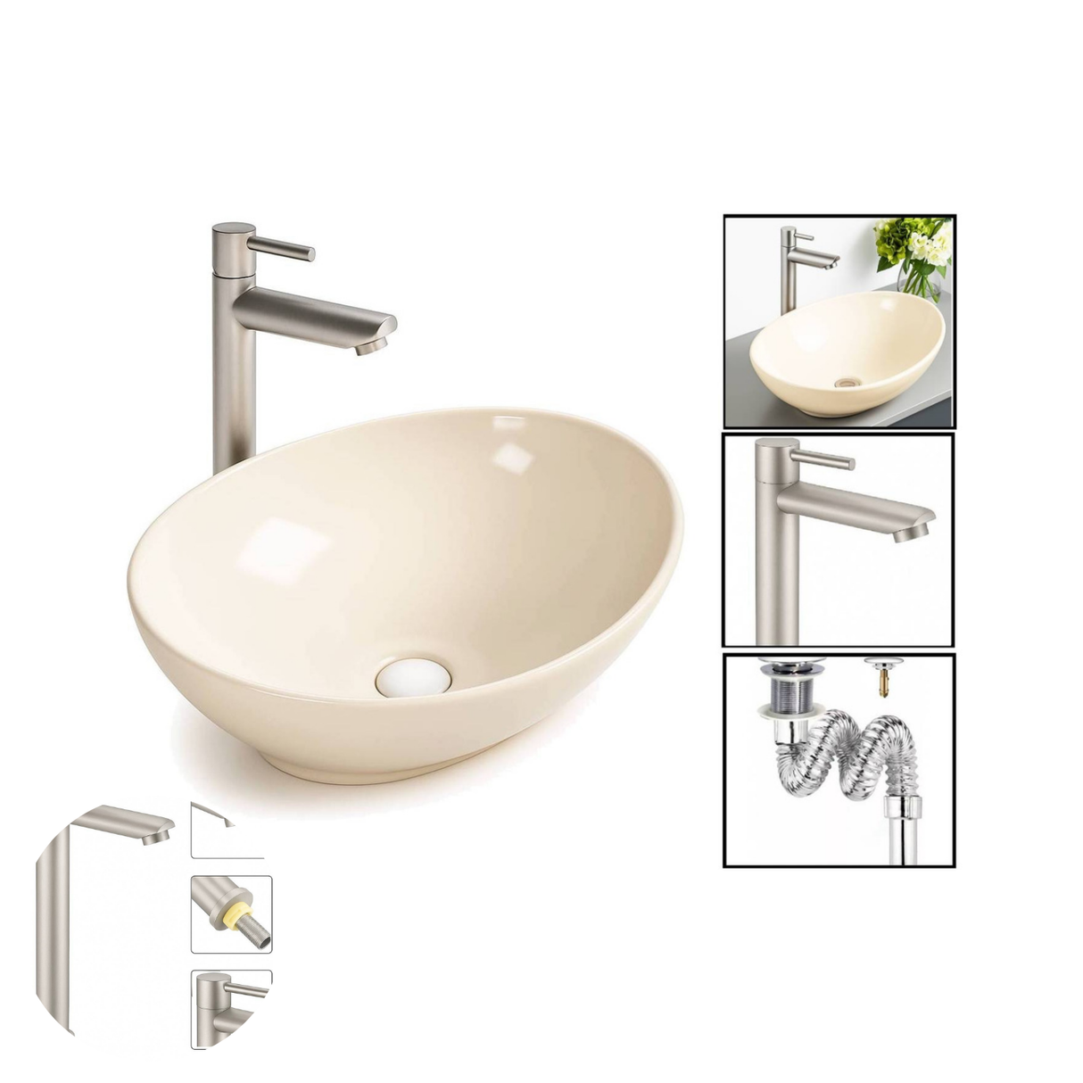 Kit Grifo Agua Fría Acero-lavamanos Canoa Beige Y Desagüe