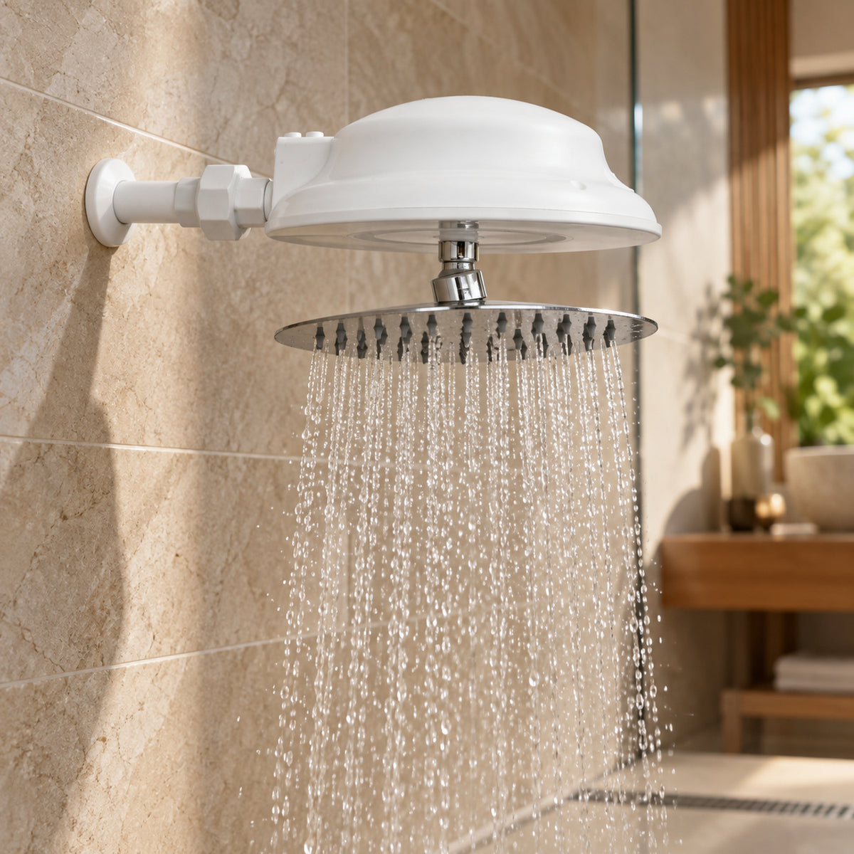 Ducha eléctrica blanca dirigible con regadera cromada en baño